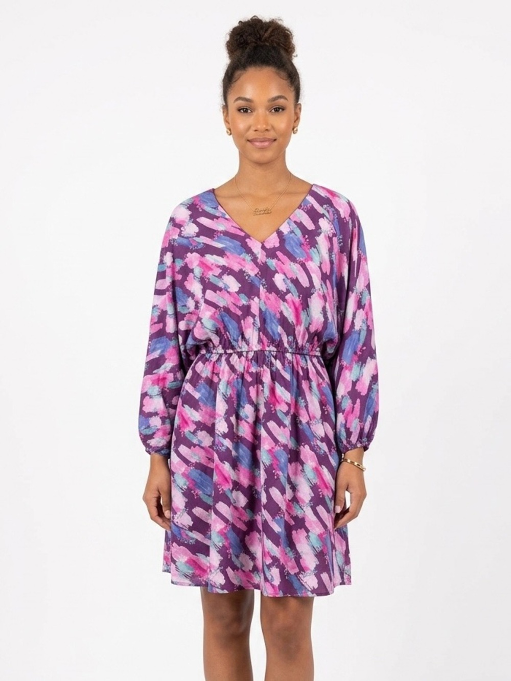 Emily Wonder, Women’s Multicolor Brushstroke V-Neck Long Sleeve Dress - M